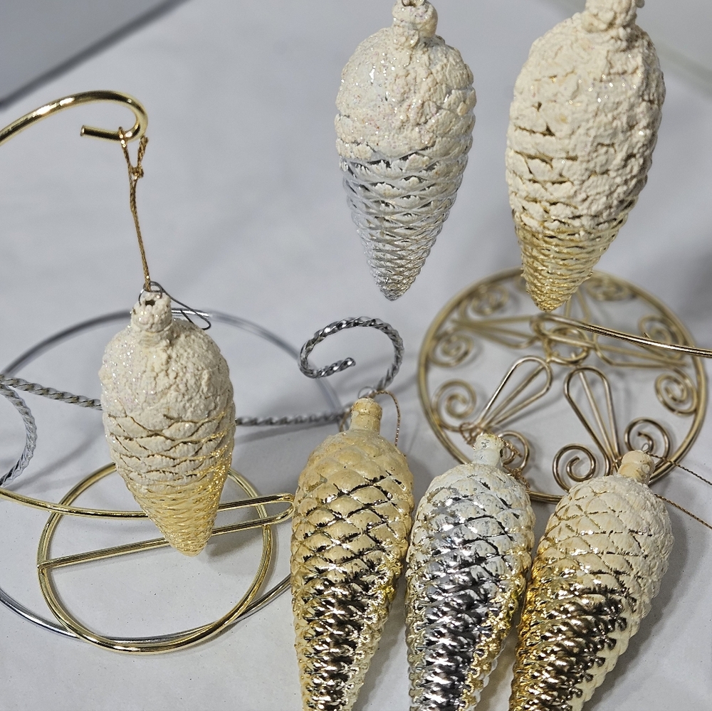 Bundle of 6 Snow-Covered Silver & Gold Pinecone Pine Cone Christmas Ornaments - Picture 2 of 5